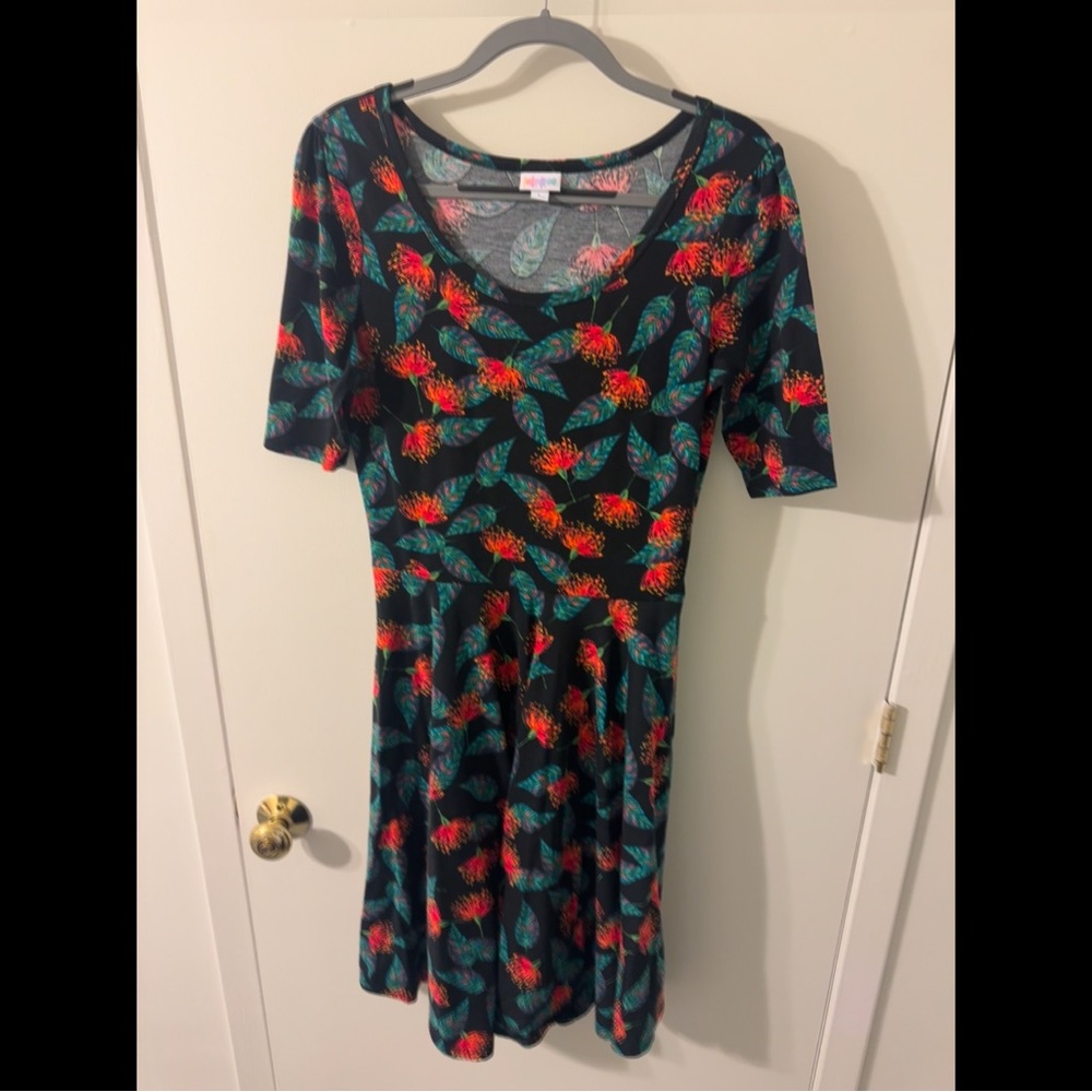 LuLaRoe Nicole Green and Blue Sundress with Scoop Neck and Short Sleeves